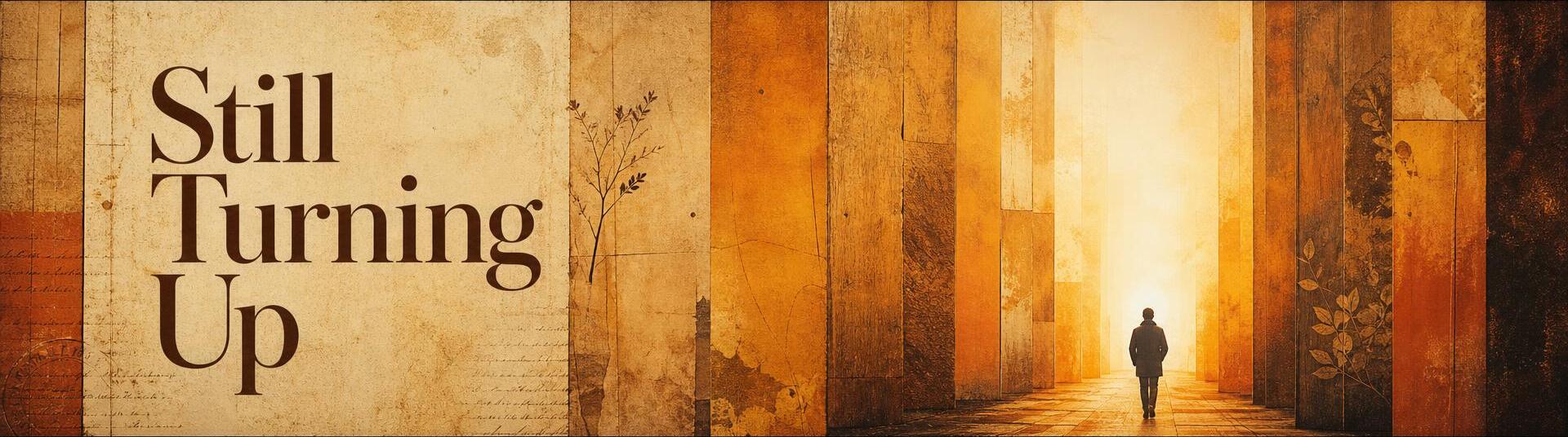 Still Turning Up ... a figure walking towards a soft light between warm amber panels